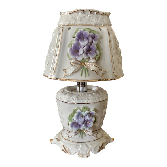 French Country Other - Ceramic Lamp French Country Ivory Purple And Embossed Florals Bows And Gold Trim